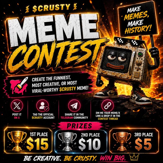The image promotes the $CRUSTY Meme Contest, featuring a worn cartoon TV character wearing pixelated sunglasses and sneakers against a fiery background, with instructions to post memes on X, tag the official $CRUSTY account, and DM the entry to win cash prizes of $15 (1st), $10 (2nd), or $5 (3rd). The tagline reads "BE CREATIVE. BE CRUSTY. WIN BIG."