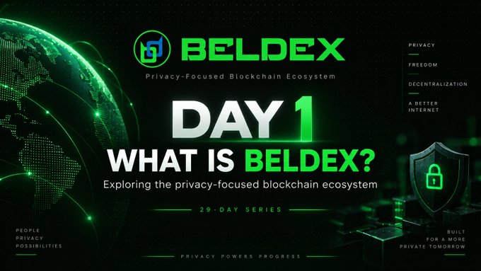 Promotional banner for BELDEX titled 'DAY 1 - WHAT IS BELDEX? Exploring the privacy-focused blockchain ecosystem,' featuring green text on a dark background with a globe graphic and shield icon.