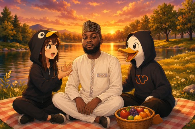 The image features three cartoon characters sitting together at a picnic table near a lake, surrounded by trees and mountains. The characters include a penguin, a man with a beard wearing a hat, and another man dressed in a hoodie. They are enjoying their time outdoors during sunset, which adds to the overall atmosphere of the scene.