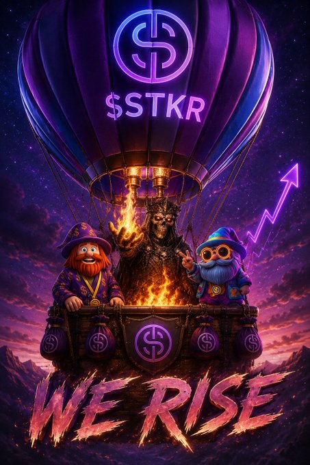 A fantasy digital artwork featuring a purple hot air balloon labeled 'SSTKR' with two bearded gnome figures and a dark armored king in the basket, accompanied by an upward arrow and 'WE RISE' in red text.