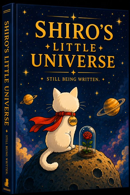 The book cover reads “SHIRO’S LITTLE UNIVERSE” and “STILL BEING WRITTEN,” featuring a white cat in a red cape on a moon beside a rose under glass. Its cosmic, story-in-progress imagery complements the post’s message that $SHIRO’s community-backed story is ongoing beyond charts.
