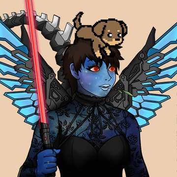 A pixel-art character with blue skin, glowing red eyes, and mechanical wings wields a red lightsaber while a small pixelated cat sits atop her head. The illustration represents the new upgraded SolGods NFT art that was airdropped free to holders' wallets and is now trading on ExNFT and MagicEden.