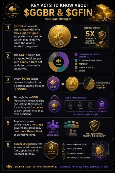 An infographic from @goldfishgbr titled 'KEY ACTS TO KNOW ABOUT $GGBR & $GFIN' explaining that $GGBR represents 1/1000th of a troy ounce of gold with a 5X reserve system, and detailing the $GFIN token's capped supply, veGFIN lock mechanism, and Aurum Safeguard features.