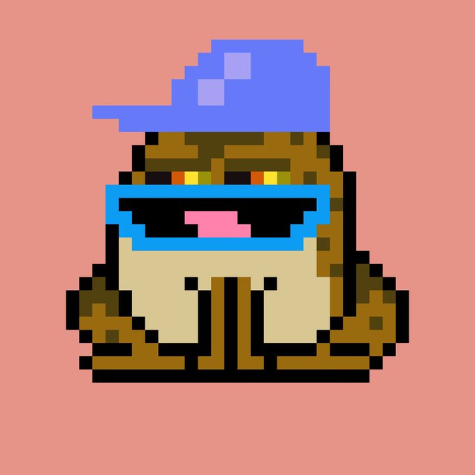 A pixel art illustration of a brown character wearing a blue baseball cap and blue sunglasses, with its mouth open showing a pink tongue against a peach background.