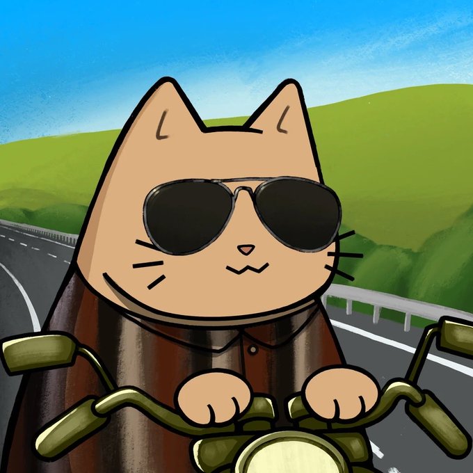 An orange cartoon cat wearing sunglasses grips the handlebars of a motorcycle on an open road, captioned "motocats," serving as the poster's mascot to symbolize resilience and forward momentum through shared struggle toward collective triumph.