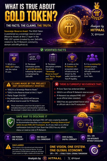 An infographic titled "What is True About GOLD Token?" analyzing claims around the Pi Network's PiRC-207 GOLD token, presented by HITPAAL (@hitpaal), which lists verified facts (it's a community-built PiRC-207 token on the Pinetwork/Testnet, with no official Reserve Asset status), disputed claims ("Sovereign Reserve Asset," "Parity Target 314.159," and L1 reserve status), and a disclaimer noting the analysis is educational and not financial advice—aligning with the post's message that GOLD's "Sovereign Reserve Asset" role is a community project claim, not officially confirmed.