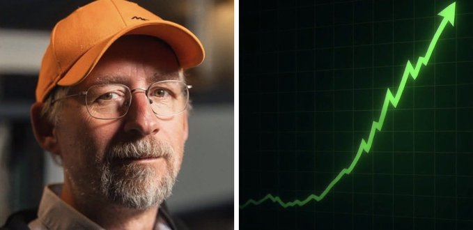 The image shows two photos of an older man wearing glasses and a hat with an orange cap next to a graph or chart showing an upward trend, likely indicating Bitcoin's value going up over time. The caption below the images reads "Bitcoin can never go to $0 because Adam Back has a buy order for all 21 million Bitcoin at $0.01. Adam Back is the cryptographer who invented Hashcash, the proof of work system that Satoshi Nakamoto directly cited in the Bitcoin whitepaper." This suggests that the older man might have invested early in Bitcoin and experienced significant gains, which are now depicted by the upward-trending graph.