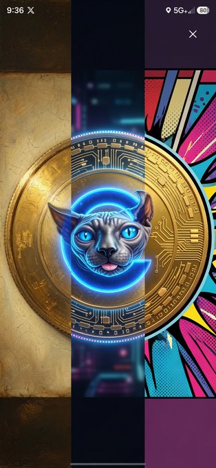 A mobile wallpaper featuring a stylized cat face on a Bitcoin-style gold coin with neon blue circuit accents, displayed in a multi-panel format.