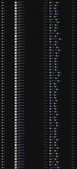 A long scrolling list of posts with usernames, dates, profile pictures, and content thumbnails on a dark background.