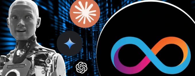 The image features a humanoid robot alongside logos for Claude, Google's Gemini, and ChatGPT, with an infinity symbol on the right, visually representing the integration of AI agents with the Internet Computer blockchain and $ICP token. The imagery symbolizes the convergence of leading AI platforms with decentralized finance, highlighting how autonomous agents can authenticate and transact on-chain.