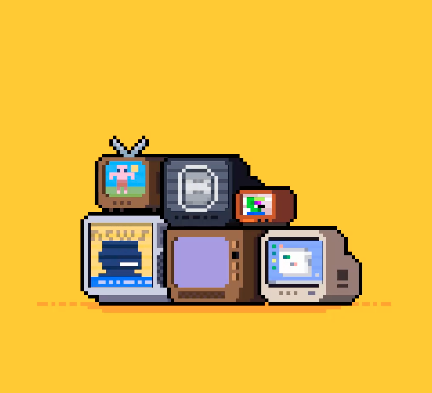 Pixel art illustration on a yellow background showing a stack of six retro vintage televisions.