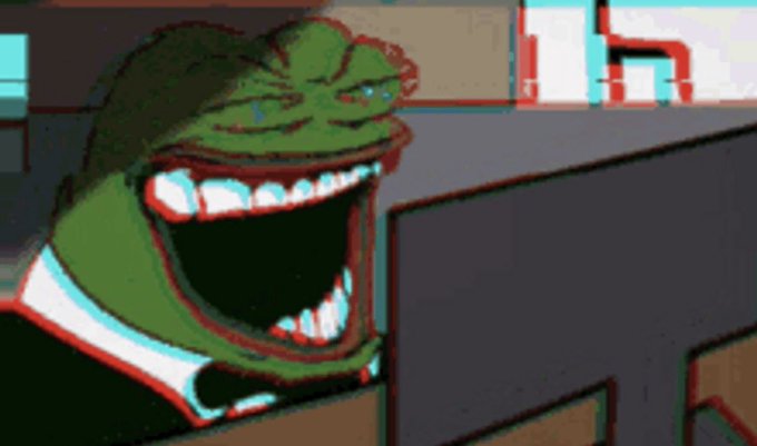 A meme image of a green Pepe the Frog character laughing maniacally with an exaggerated wide-open mouth, displayed with a glitchy red-blue 3D effect.