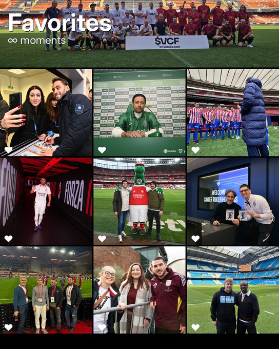 A collage titled "Favorites ∞ moments" featuring a group photo at the top with a "ŠVCF ŠKODA VIP" sign, followed by a grid of memorable experiences including stadium visits, player meet-and-greets, a post-match interview backdrop, a "FORZA" tunnel walkway, and interactions with fans and staff across various football venues. The caption celebrates cherished moments from past VIP events, highlighting personal connections with players, fans, and behind-the-scenes access at major matches.