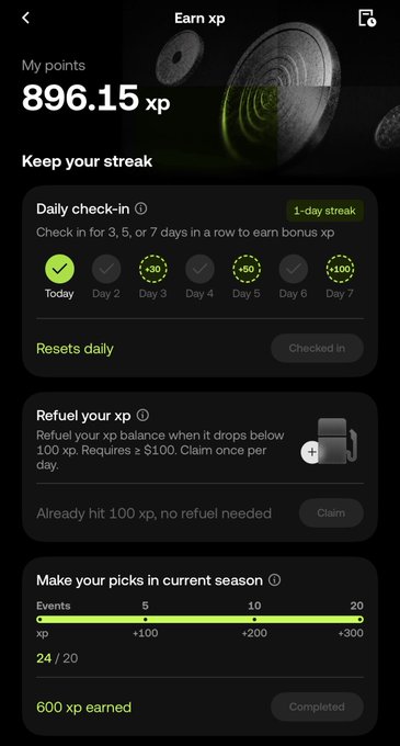 A mobile app screenshot titled 'Earn xp' showing 896.15 xp points with daily check-in streak tracking and reward claiming options.