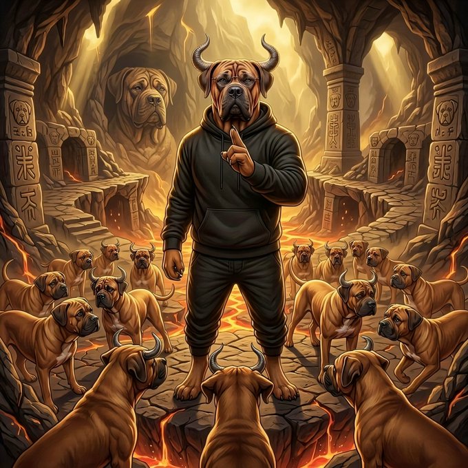 A digital artwork depicting a man in a black hoodie wearing a horned dog mask, surrounded by a pack of dogs with horns in a fiery, ancient temple-like cavern with stone carvings.