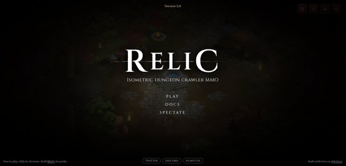 A title screen for the game 'RELIC', an Isometric Dungeon Crawler MMO, with menu options to Play, Docs, and Spectate.