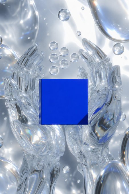 The image features a blue square placed between two transparent glass hands that appear to be holding it up. The background consists of water droplets, giving an impression of transparency or liquid state. The caption below the image reads "looking at what @AerodromeFi is building and it is genuinely outstanding. It shows how powerful @base liquidity systems are becoming when incentives, trading, and governance are tightly aligned".