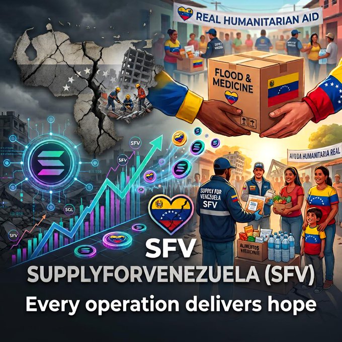Promotional graphic for 'SFV SUPPLYFORVENEZUELA (SFV)' with the slogan 'Every operation delivers hope,' depicting humanitarian aid, a Venezuelan map, crypto charts, and the SFV token logo.