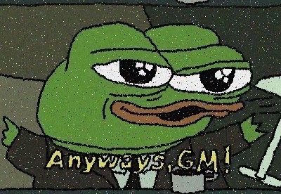 A green cartoon frog meme with the text 'Anyway vs, GM!' across the bottom.