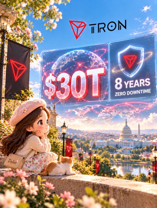 A promotional graphic for 'TRON' displays a '$30T' figure alongside '8 YEARS ZERO DOWNTIME' in an illustrated cityscape setting.