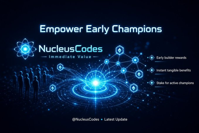 A dark blue tech-themed promotional banner for 'NucleusCodes - Immediate Value' with the tagline 'Empower Early Champions', featuring a glowing network node graphic, silhouettes of people, and bullet points for 'Early builder rewards', 'Instant tangible benefits', and 'Stake for active champions', credited to @NucleusCodes.