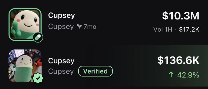 A screenshot showing two tokens named "Cupsey" on a trading platform, with the unverified token valued at $10.3M and the verified token at just $136.6K (+42.9%), highlighting the irony in the post about which token received verification.