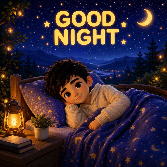 A digital illustration of a young boy lying in bed under a star-patterned blanket, smiling softly, with 'GOOD NIGHT' written in large yellow letters above him against a starry night sky.
