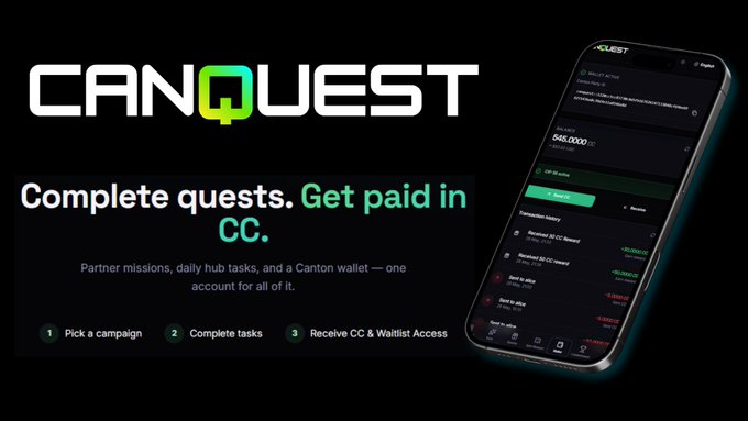 The image features a smartphone with an app called "CanQuest" displayed on its screen. The app appears to be related to incentivized engagement, as indicated by the text that reads "Complete quests. Get paid in CC". The phone is placed against a black background, which makes it stand out prominently. The main focus of the image is the smartphone and the app it's running on it.