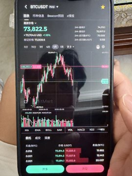 The image shows a person holding up their smartphone displaying a stock market graph or chart of Bitcoin at 7.4. The screen is illuminated with information about Bitcoin trading, and various symbols representing different Bitcoin values can be seen across the display.
