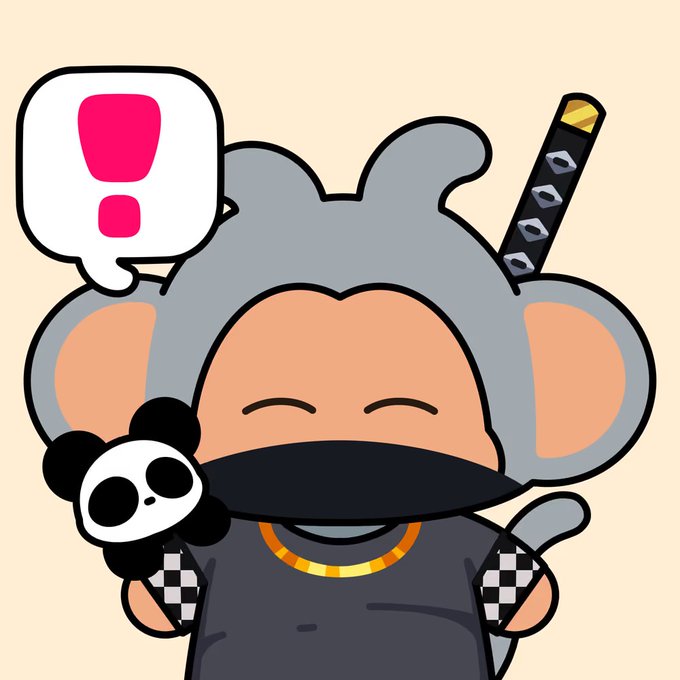 A cartoon monkey character with a samurai sword on its back holds a small panda toy and displays a red exclamation mark in a speech bubble.