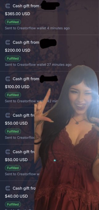 A screenshot displays a list of cash gifts sent to a 'Creatorflow wallet' in various amounts ($365, $200, $100, $50, $40), overlaid on an image of a woman in a red dress making a peace sign.