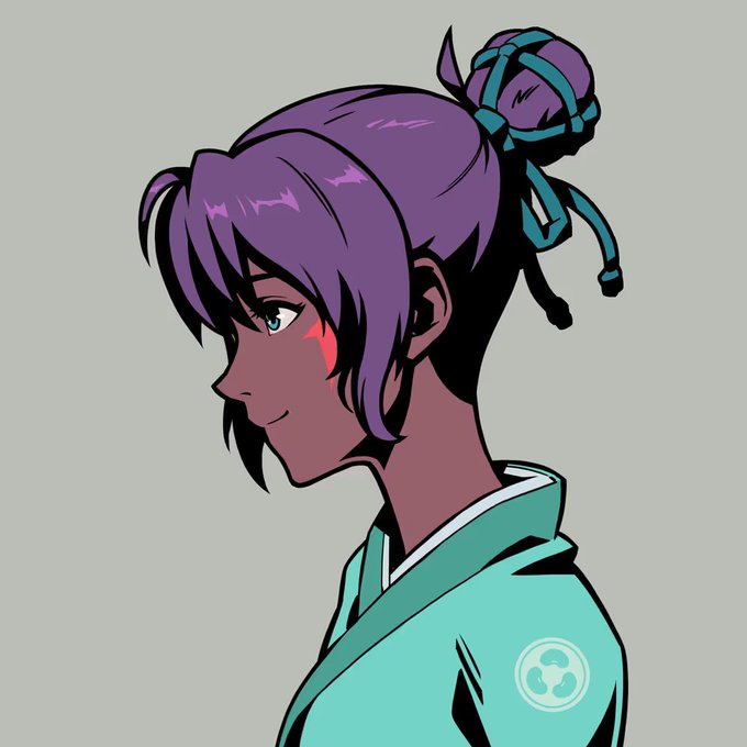 A profile illustration of a stylized anime character with purple hair tied in a bun with teal ribbons, wearing a teal kimono with a Tomoe symbol, shown in side profile against a gray background.