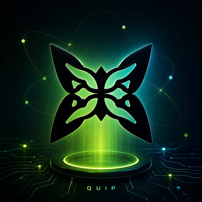 A glowing green butterfly logo with circuit-like wing patterns hovers above a futuristic digital platform, with the text "QUIP" displayed below. The cyberpunk aesthetic and futuristic design elements reinforce the post's message about Quip Network building advanced, forward-looking security infrastructure for next-generation computing.