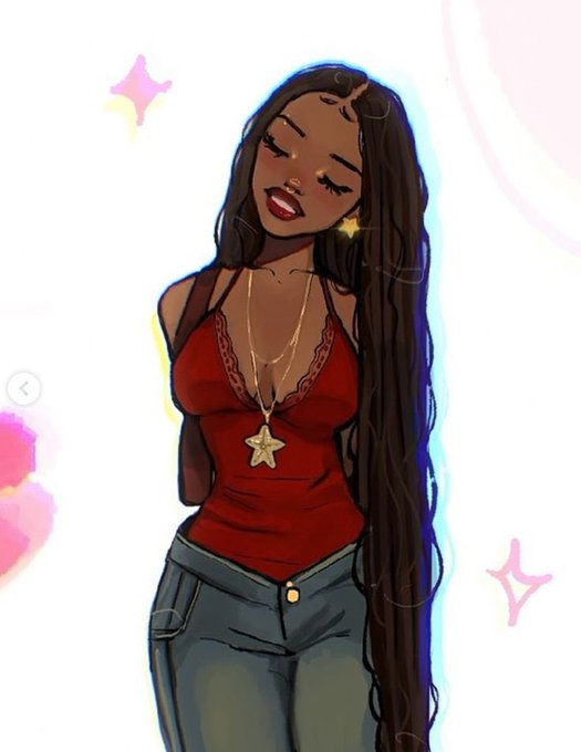 A digital illustration of a woman with long dark hair wearing a red lace-trimmed top, blue jeans, and a star pendant necklace, posed against a pastel background with sparkles.