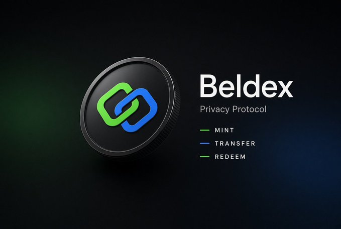 A black 3D coin displaying the Beldex chain-link logo (green and blue) sits beside text reading "Beldex — Privacy Protocol," with bullet points listing its core functions: MINT, TRANSFER, and REDEEM. The image visually represents Beldex's privacy protocol branding, supporting the post's point about its cryptographic stack (RingCT and Stealth Addresses) enabling portable confidentiality across Web3.