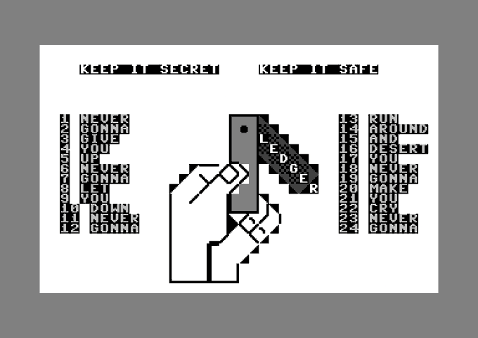 The image features a hand holding a small electronic device with a keypad or screen display. The text "KEEP IT SECRET, KEEP IT SAFE" is displayed above the hand, while "LEFT" and "RIGHT" are below it. The background of the image is white, which contrasts with the black and white elements in the foreground.