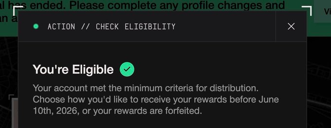 The image shows an email screen with a message stating "You're Eligible" and instructions on how to proceed, as well as information about receiving rewards before June. The focus of this email seems to be on the importance of loyalty or long-term commitment from users, but it is unclear whether those rewards are linked to a specific project or if they are unrelated.