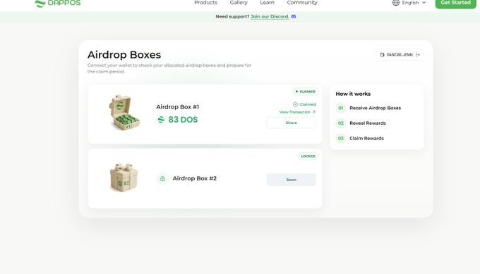 A screenshot of the dappOS "Airdrop Boxes" page showing Airdrop Box #1 worth approximately 83 DOS marked as Claimed, while Airdrop Box #2 remains locked. The interface displays a "How it works" guide with three steps: Receive Airdrop Boxes, Reveal Rewards, and Claim Rewards, illustrating the completed airdrop claim process referenced in the post.
