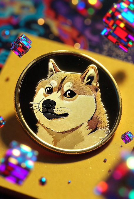 A gold coin featuring a detailed illustration of a Shiba Inu dog rests on a yellow surface, surrounded by colorful, iridescent gem-like cubes.