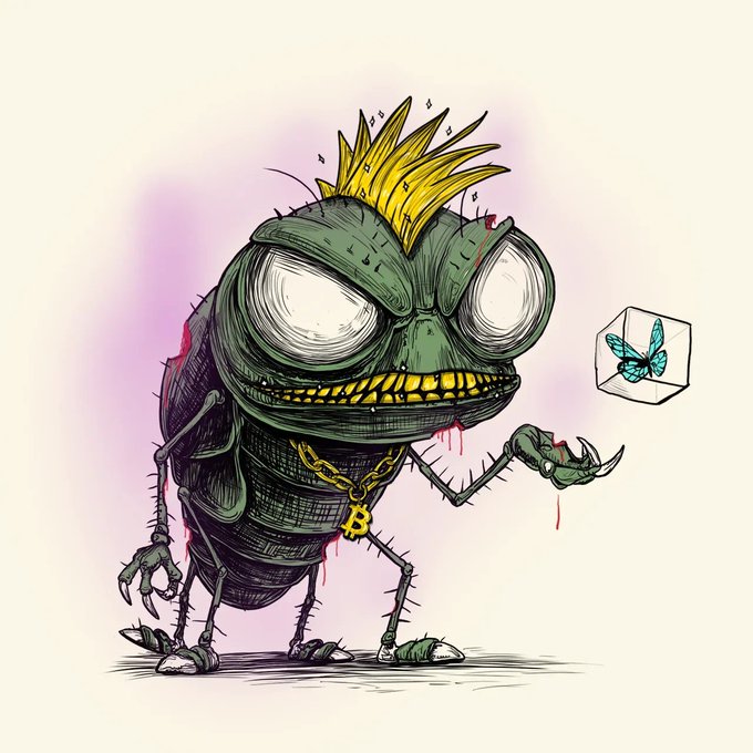 An illustration of a green, bug-like creature with large eyes, a yellow spiky mohawk, and a gold chain with a 'B' pendant, reaching toward a glass box containing a blue butterfly.