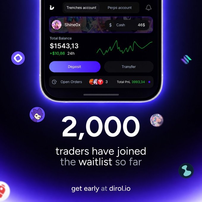 A mobile trading app screen showing user 'ShineOx' with a $1,543.13 total balance (+$10.86 in 24h), featuring a Trenches account and Perps account tabs, with text below reading '2,000 traders have joined the waitlist so far - get early at dirol.io'.