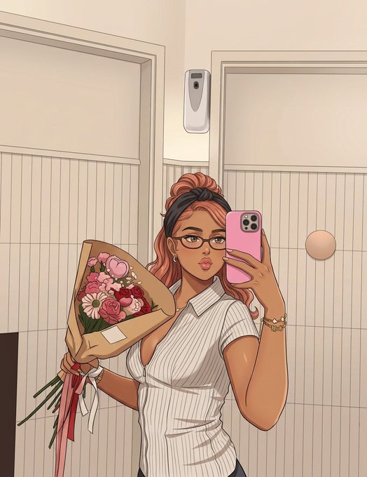 An illustrated digital artwork of a woman with red hair and glasses taking a mirror selfie with a pink phone while holding a bouquet of roses.