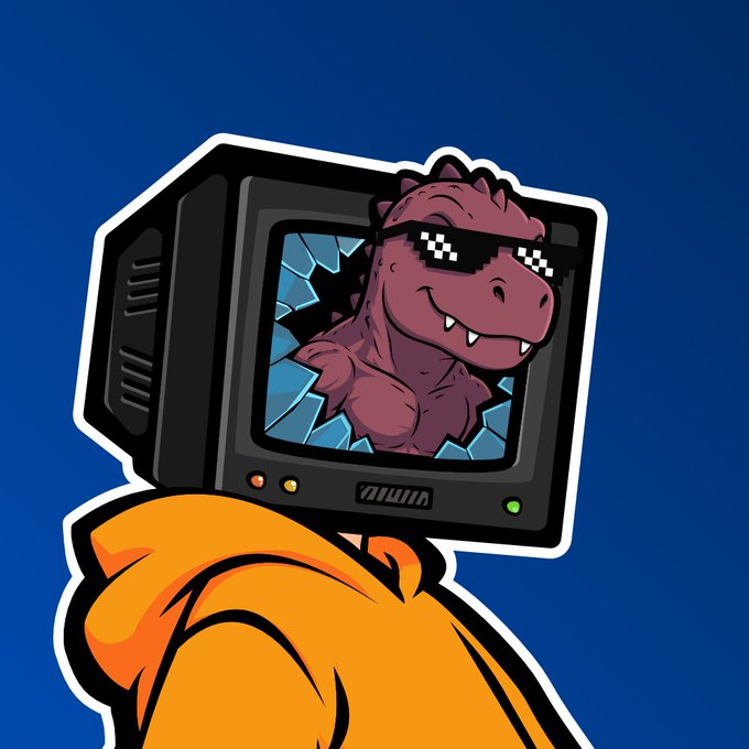 A cartoon sticker illustration featuring a purple dinosaur wearing pixelated 'deal with it' sunglasses bursting through an old CRT television screen on a blue background.