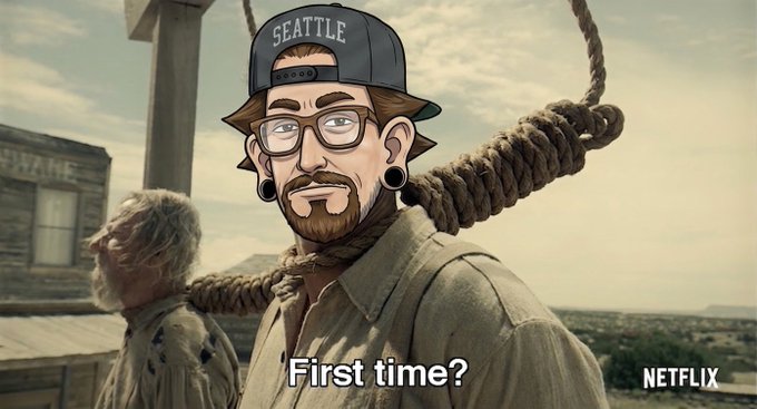 A caricature of a person wearing a "SEATTLE" cap and glasses, with a noose around the neck, appears in a Netflix-style meme captioned "First time?" — humorously suggesting that surviving back-to-back memecoin roundtrips (like coq, ket, wink, blub) feels like a near-death experience.