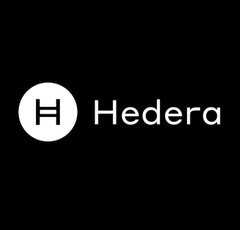 Minimalist black background displaying the white Hedera logo and 'Hedera' text.
