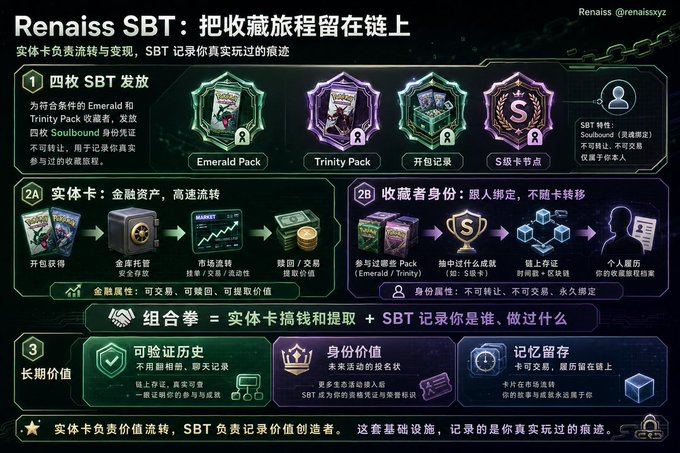 The image is a Chinese infographic titled "Renaiss SBT：把收藏旅程留在链上" (Renaiss SBT: Keep the collection journey on-chain), which explains how Renaiss issues Soulbound Tokens (SBTs) to Emerald and Trinity Pack collectors, featuring icons of card packs (Emerald Pack, Trinity Pack, 开包记录, S级卡节点) and illustrating how the process of opening packs and pulling S-tier cards is recorded as verifiable on-chain credentials tied to the user's identity.
