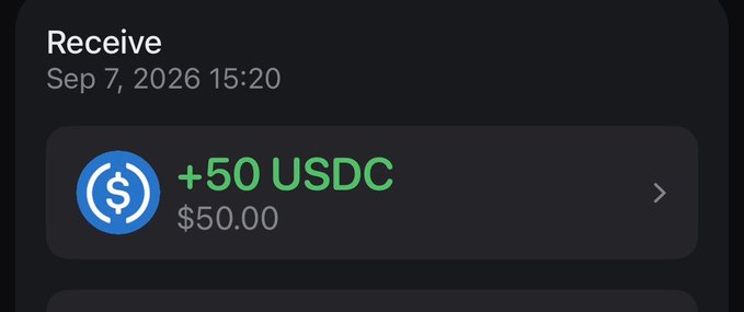 A crypto wallet transaction screen showing a 'Receive' notification dated Sep 7, 2026 15:20, displaying '+50 USDC' worth '$50.00'.