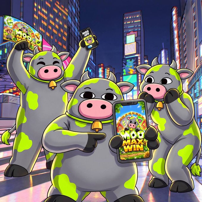 A vibrant cartoon illustration of three grey and green spotted cow characters in a neon-lit city, with one holding a smartphone displaying the 'MOO MAX WIN' game.