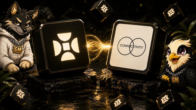 A wolf and eagle mascot wearing "GM" chain medallions flank illuminated cubes—one displaying the Connectvity logo and the other reading "CONNECTIVITY" with interlocking rings—visually symbolizing the collaboration between Connectvity and Cancore to bridge tokenized assets across multiple blockchain networks.
