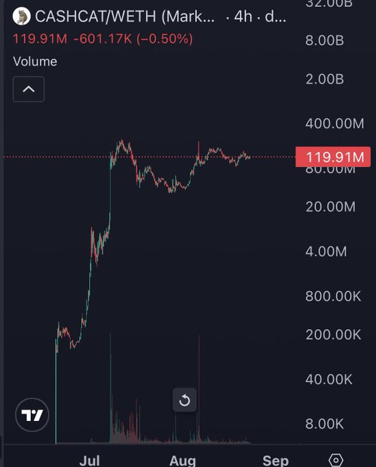 A 4-hour candlestick chart of CASHCAT/WETH showing massive volume at 119.91M (–0.50%) with a sharp price spike from July through August into early September, supporting the post's bullish claim of impending all-time highs.